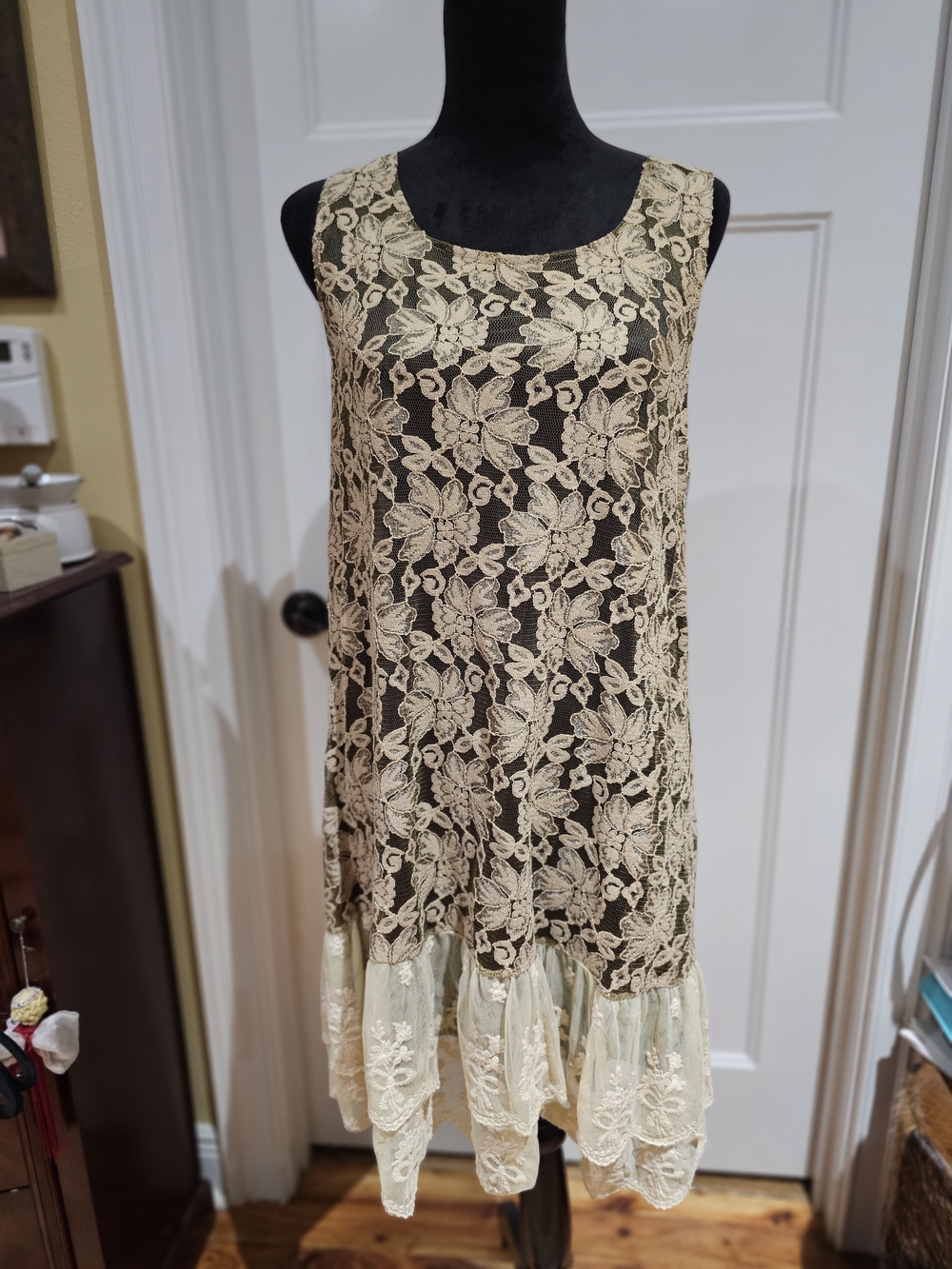 Cream Lace-Overlay Mini Dress with Ruffle Hem